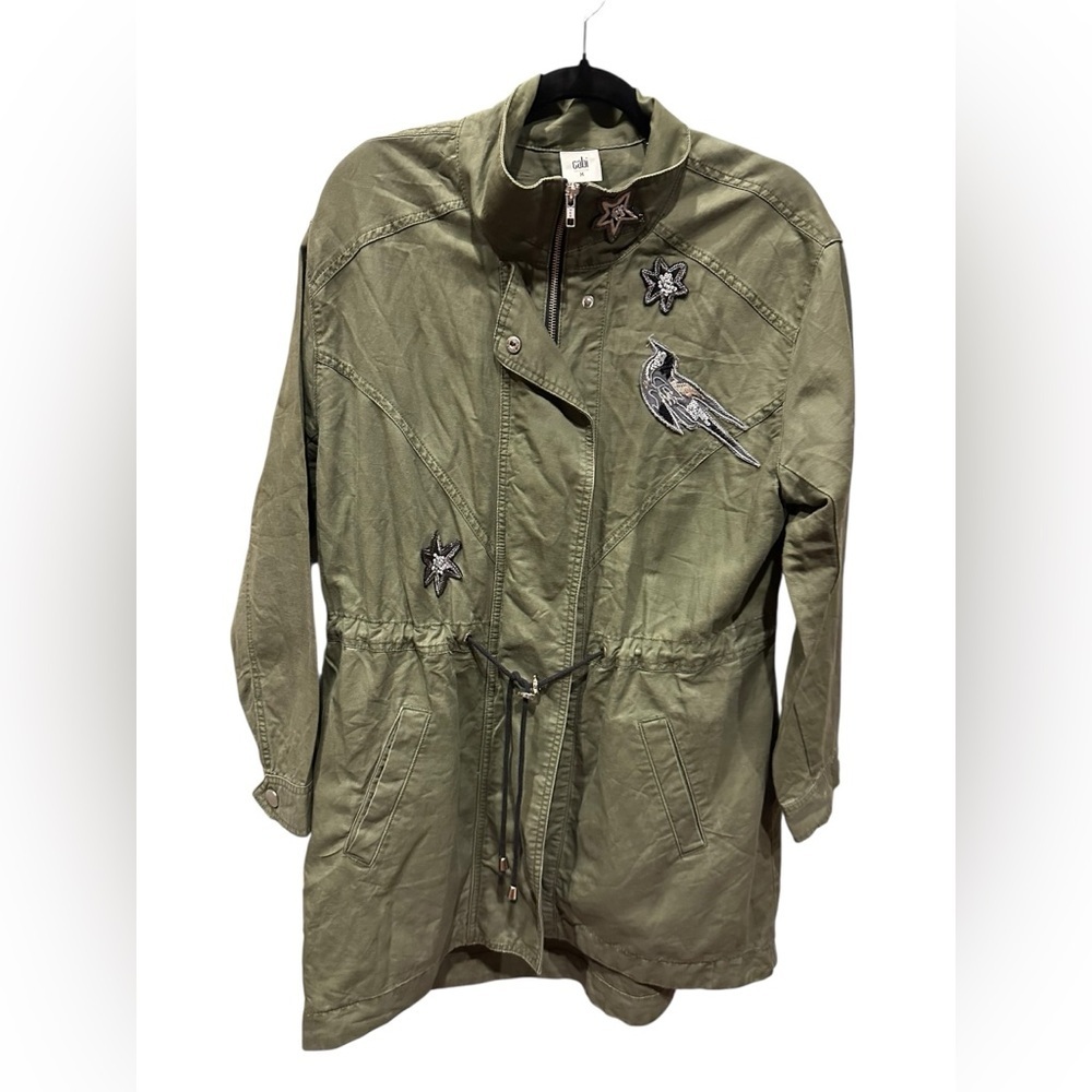 CAbi utility jacket moss/army green linen blend sequin bird/star patches Size M